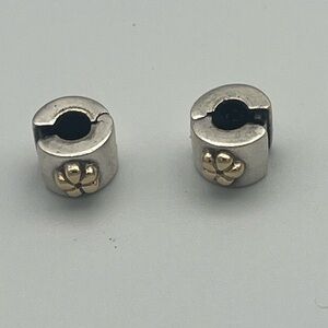 Pandora Two-Tone Silver and Gold Flower Clip Charms- Set of 2